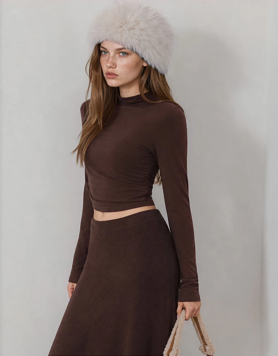 High Neck Side Ruched Fitted Long Sleeve Crop Top