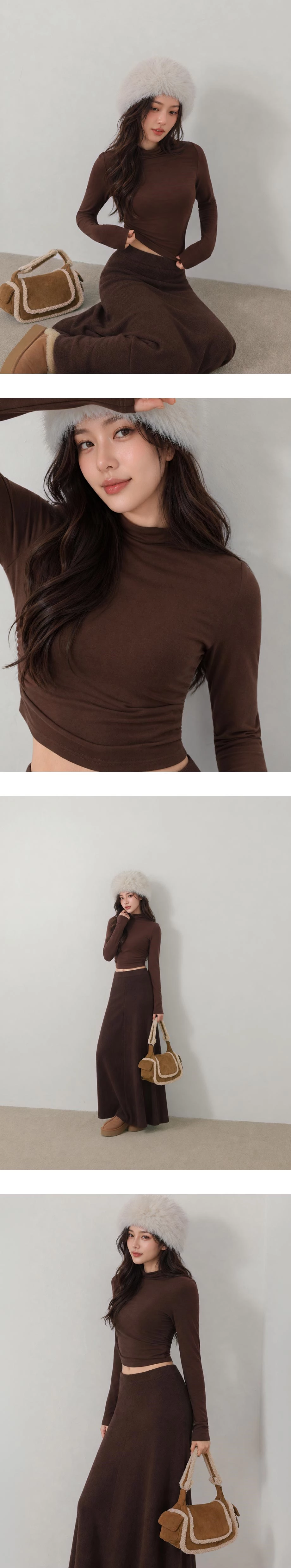 High Neck Side Ruched Fitted Long Sleeve Crop Top High Neck Side Ruched Fitted Long Sleeve Crop Top