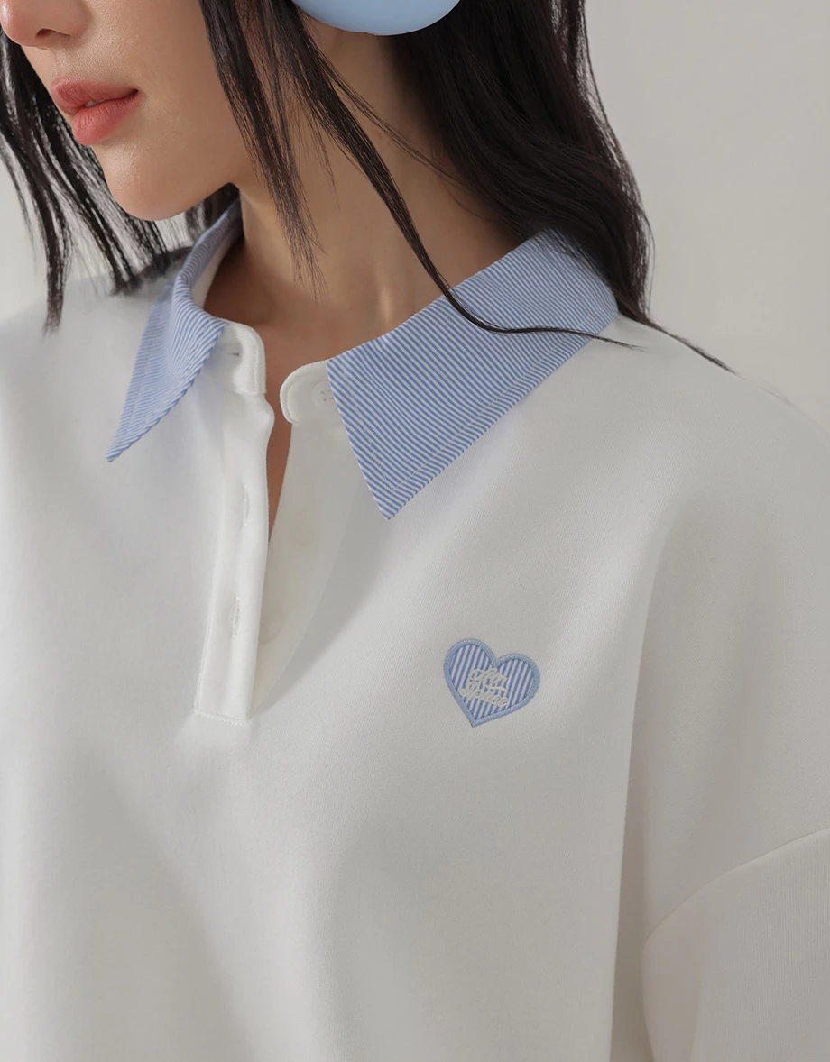 Contrast Striped Collar Heart Patch Elastic Hem Polo Sweatshirt Top Contrast Striped Collar Heart Patch Elastic Hem Polo Sweatshirt Top