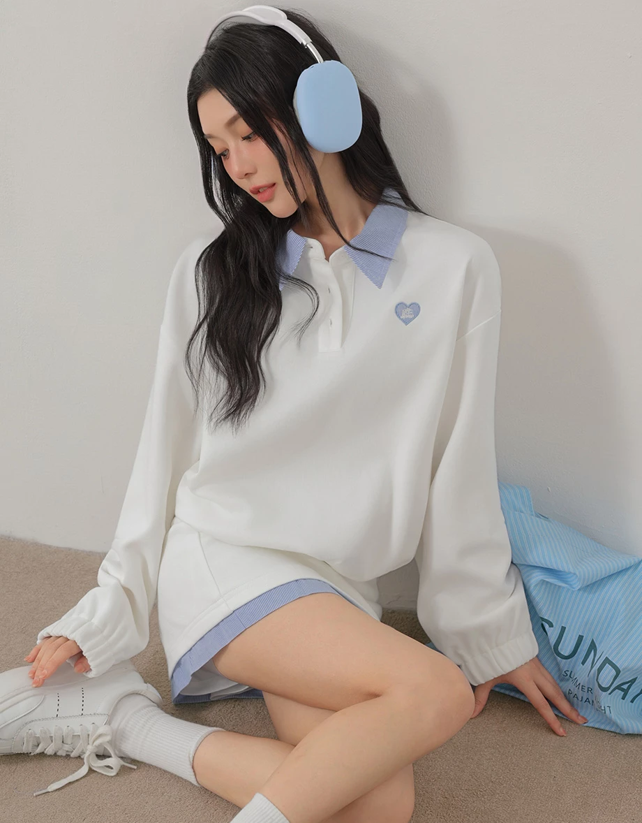 Contrast Striped Collar Heart Patch Elastic Hem Polo Sweatshirt Top Contrast Striped Collar Heart Patch Elastic Hem Polo Sweatshirt Top