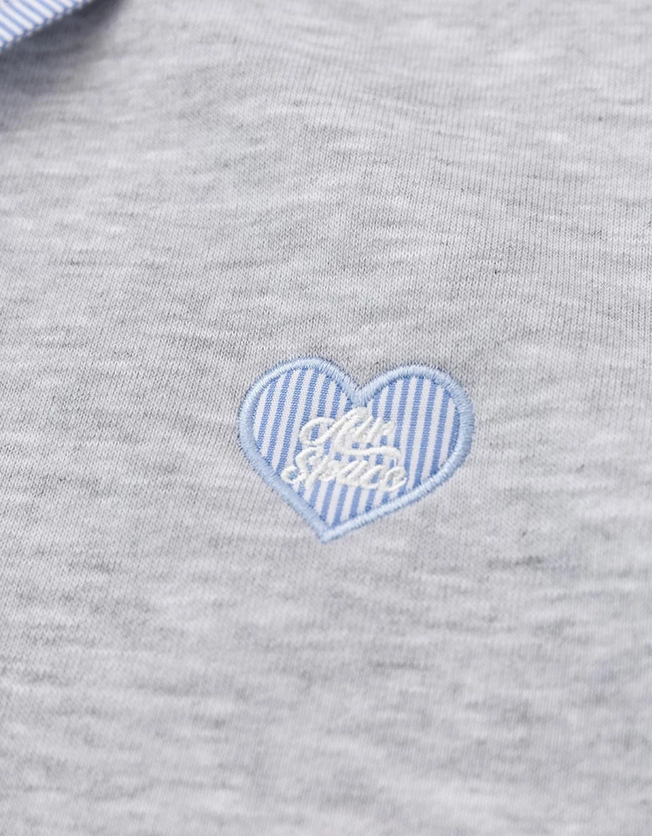 Contrast Striped Collar Heart Patch Elastic Hem Polo Sweatshirt Top Contrast Striped Collar Heart Patch Elastic Hem Polo Sweatshirt Top