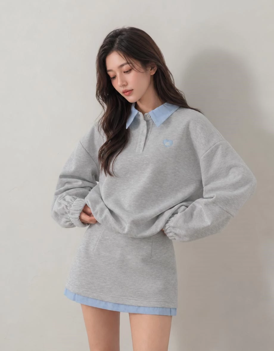 Contrast Striped Collar Heart Patch Elastic Hem Polo Sweatshirt Top Contrast Striped Collar Heart Patch Elastic Hem Polo Sweatshirt Top