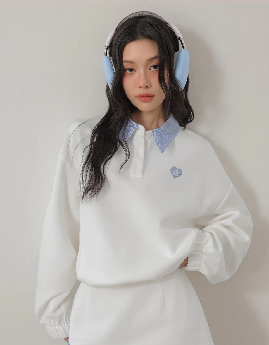 Contrast Striped Collar Heart Patch Elastic Hem Polo Sweatshirt Top Contrast Striped Collar Heart Patch Elastic Hem Polo Sweatshirt Top