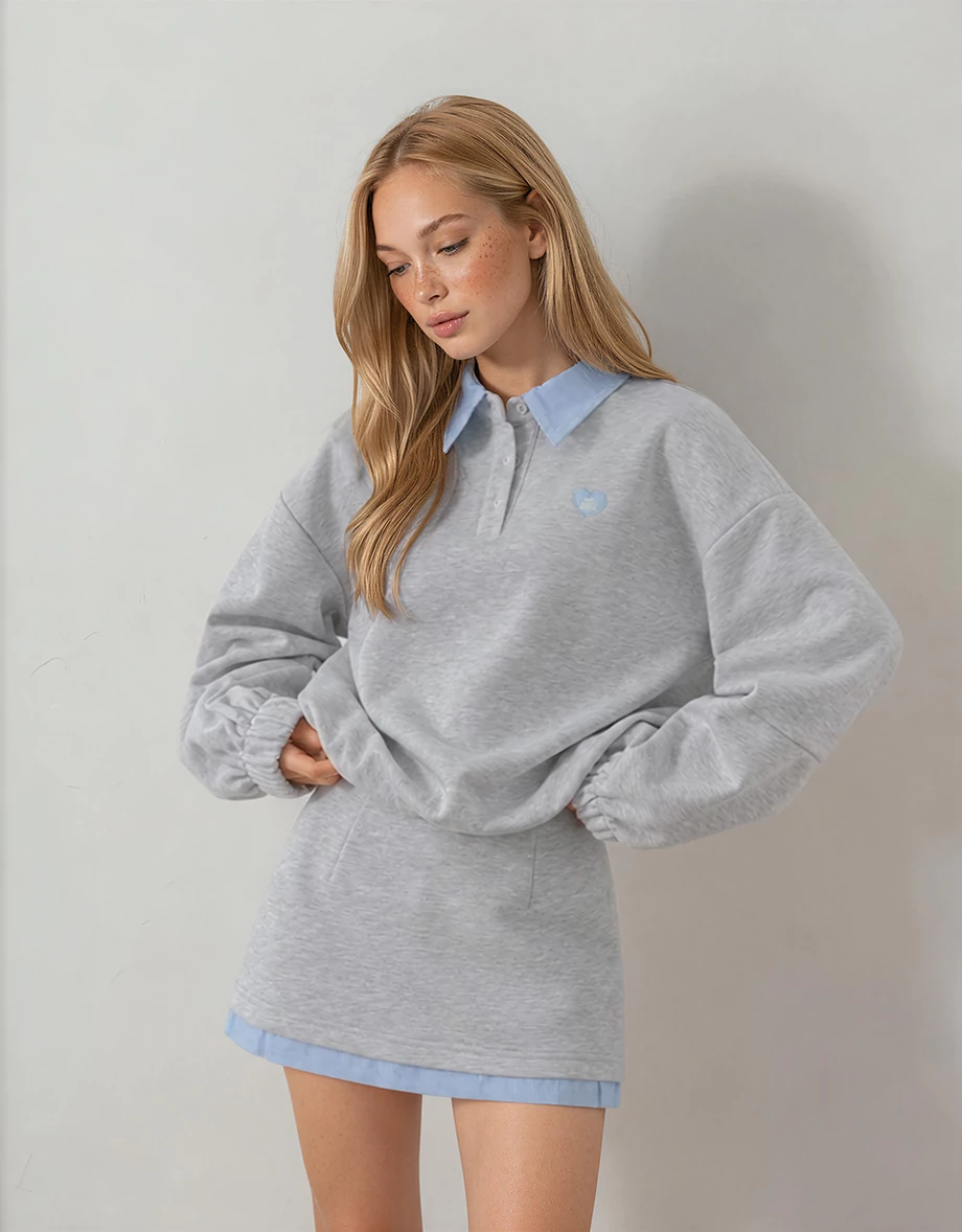 Contrast Striped Collar Heart Patch Elastic Hem Polo Sweatshirt Top