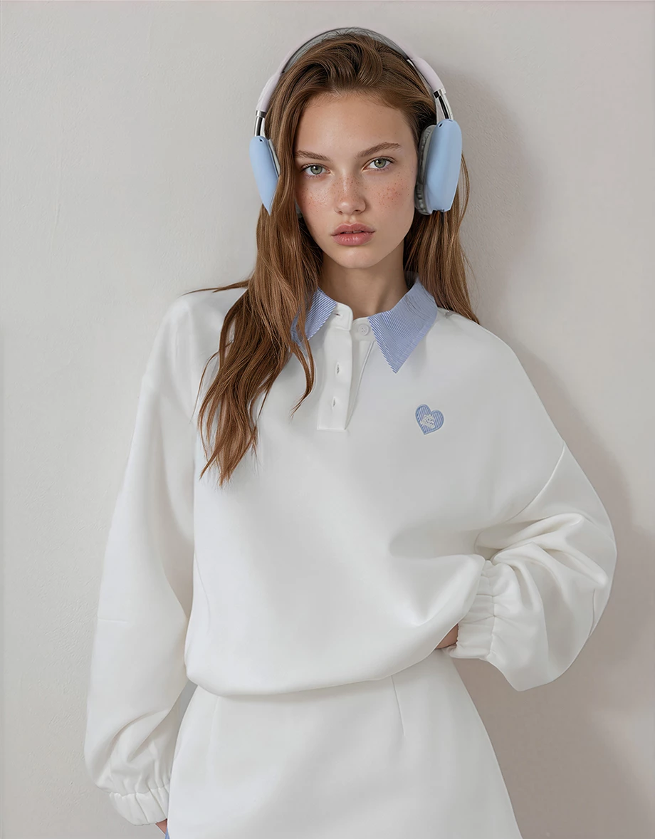 Contrast Striped Collar Heart Patch Elastic Hem Polo Sweatshirt Top