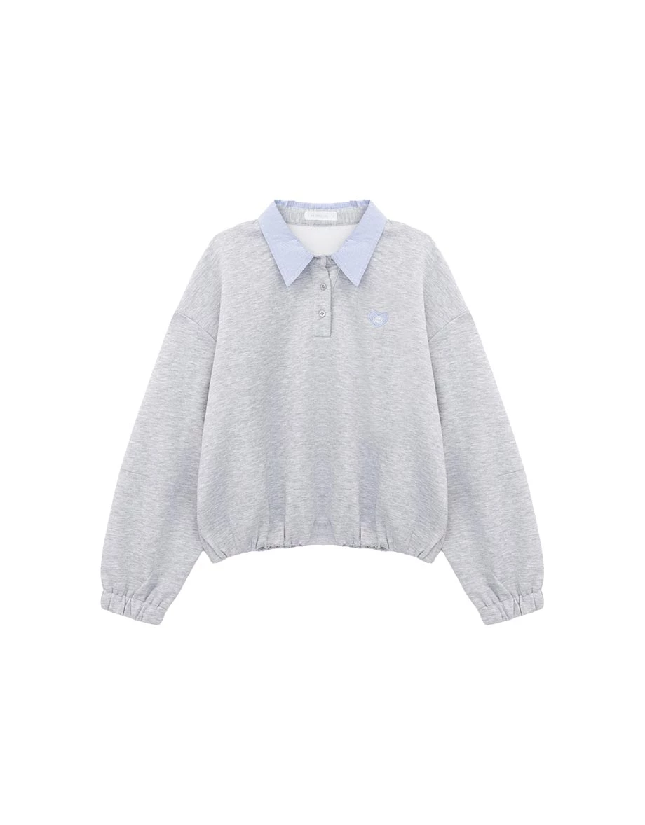 Contrast Striped Collar Heart Patch Elastic Hem Polo Sweatshirt Top Contrast Striped Collar Heart Patch Elastic Hem Polo Sweatshirt Top