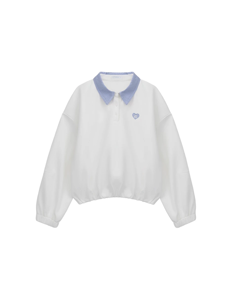 Contrast Striped Collar Heart Patch Elastic Hem Polo Sweatshirt Top Contrast Striped Collar Heart Patch Elastic Hem Polo Sweatshirt Top