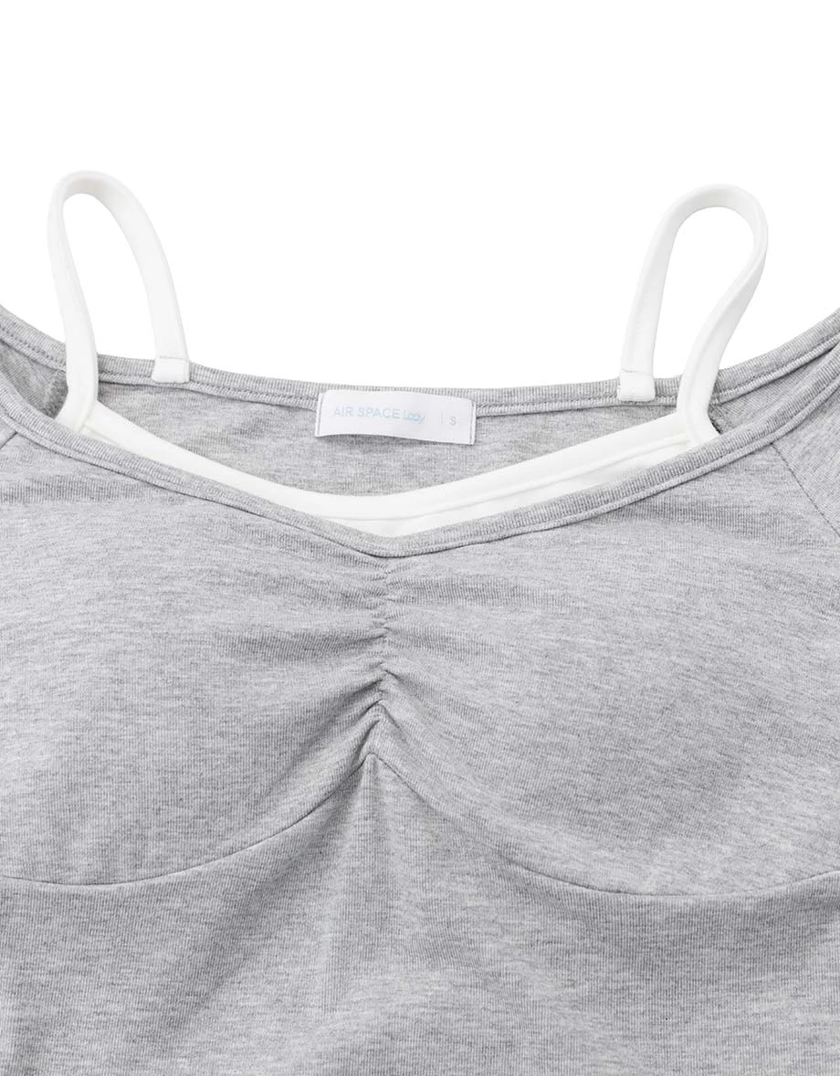 Faux 2 Piece Contrast Strap Off Shoulder Ruched Bust Padded Bra Top Faux 2 Piece Contrast Strap Off Shoulder Ruched Bust Padded Bra Top