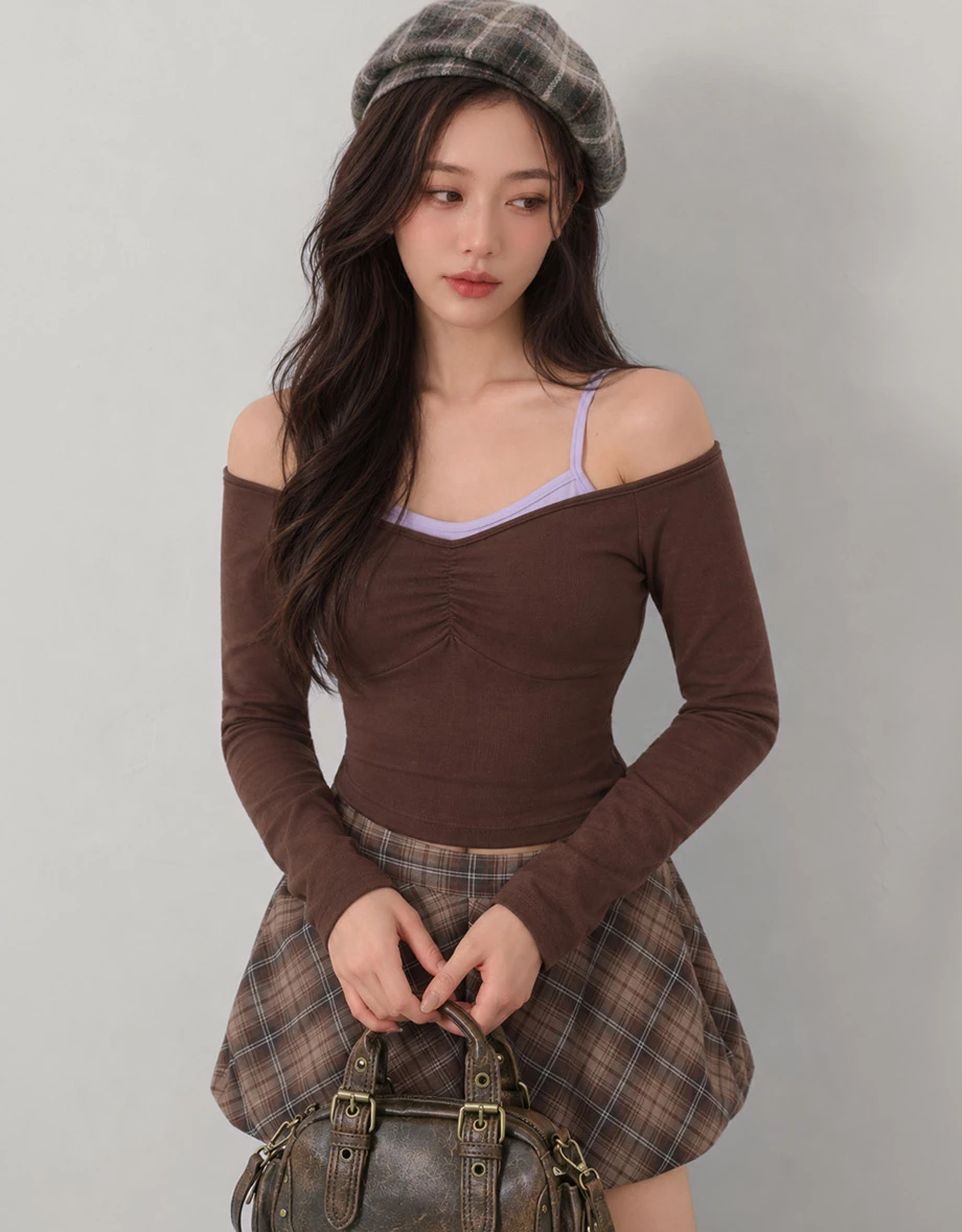 Faux 2 Piece Contrast Strap Off Shoulder Ruched Bust Padded Bra Top Faux 2 Piece Contrast Strap Off Shoulder Ruched Bust Padded Bra Top