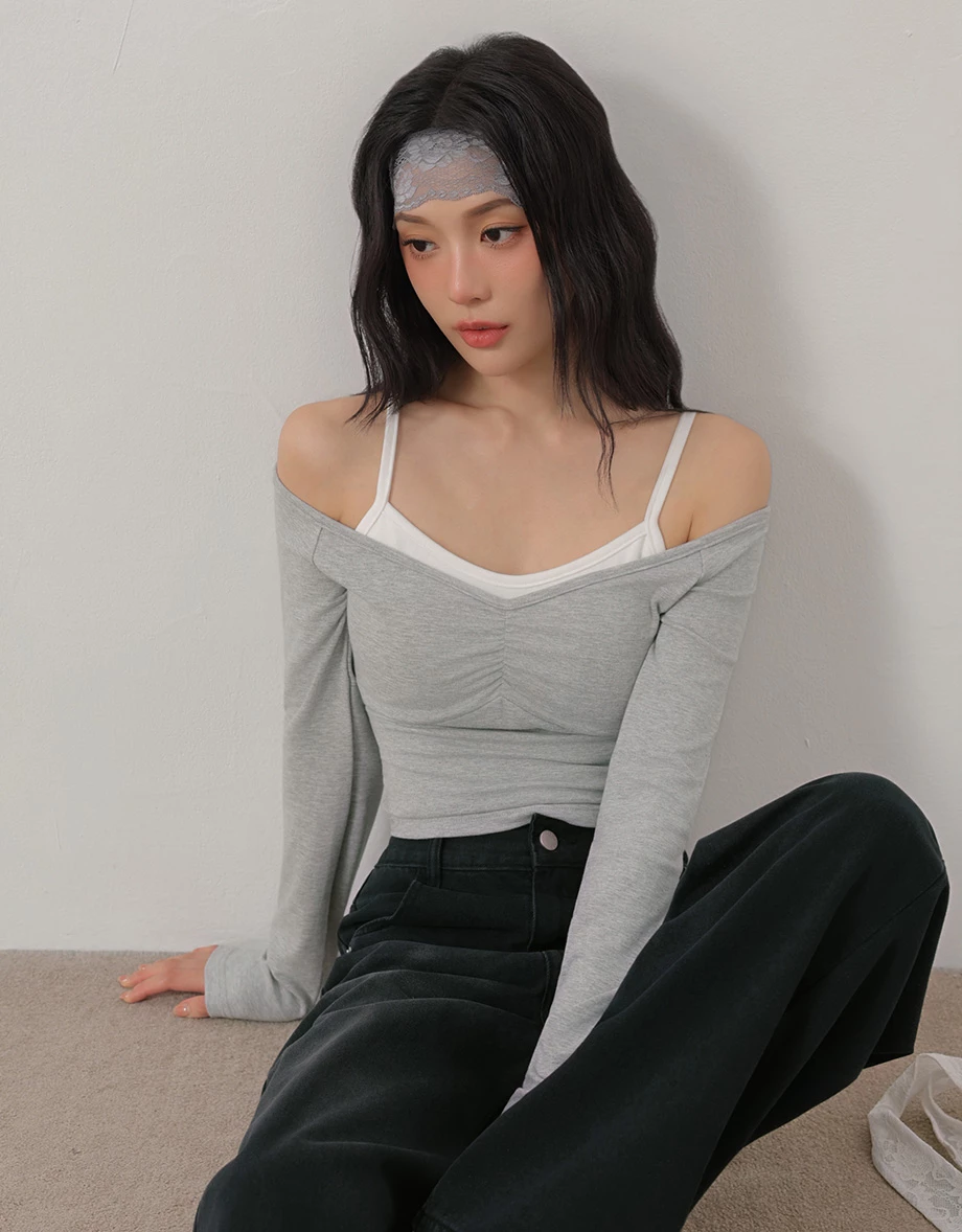 Faux 2 Piece Contrast Strap Off Shoulder Ruched Bust Padded Bra Top Faux 2 Piece Contrast Strap Off Shoulder Ruched Bust Padded Bra Top