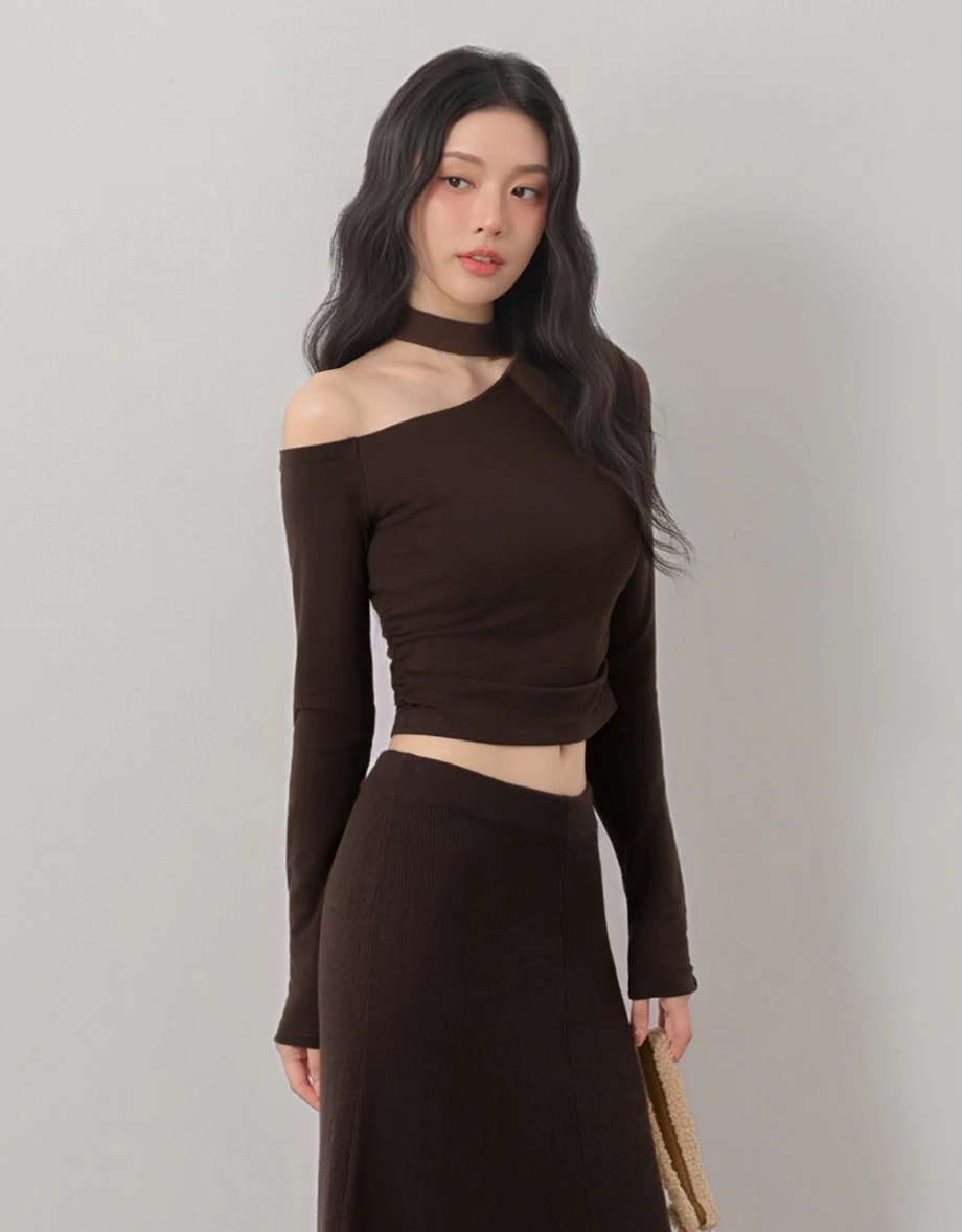 WARM↑UP薄感好身材  不對稱斜肩綁帶長袖發熱BRA TOP