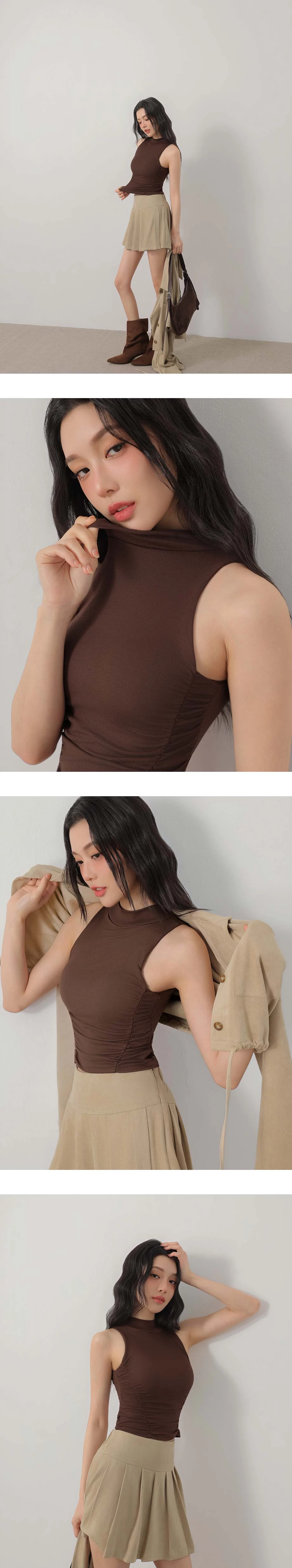 Mock Neck Side Ruched Back Cutout Sleeveless Padded Bra Top Mock Neck Side Ruched Back Cutout Sleeveless Padded Bra Top