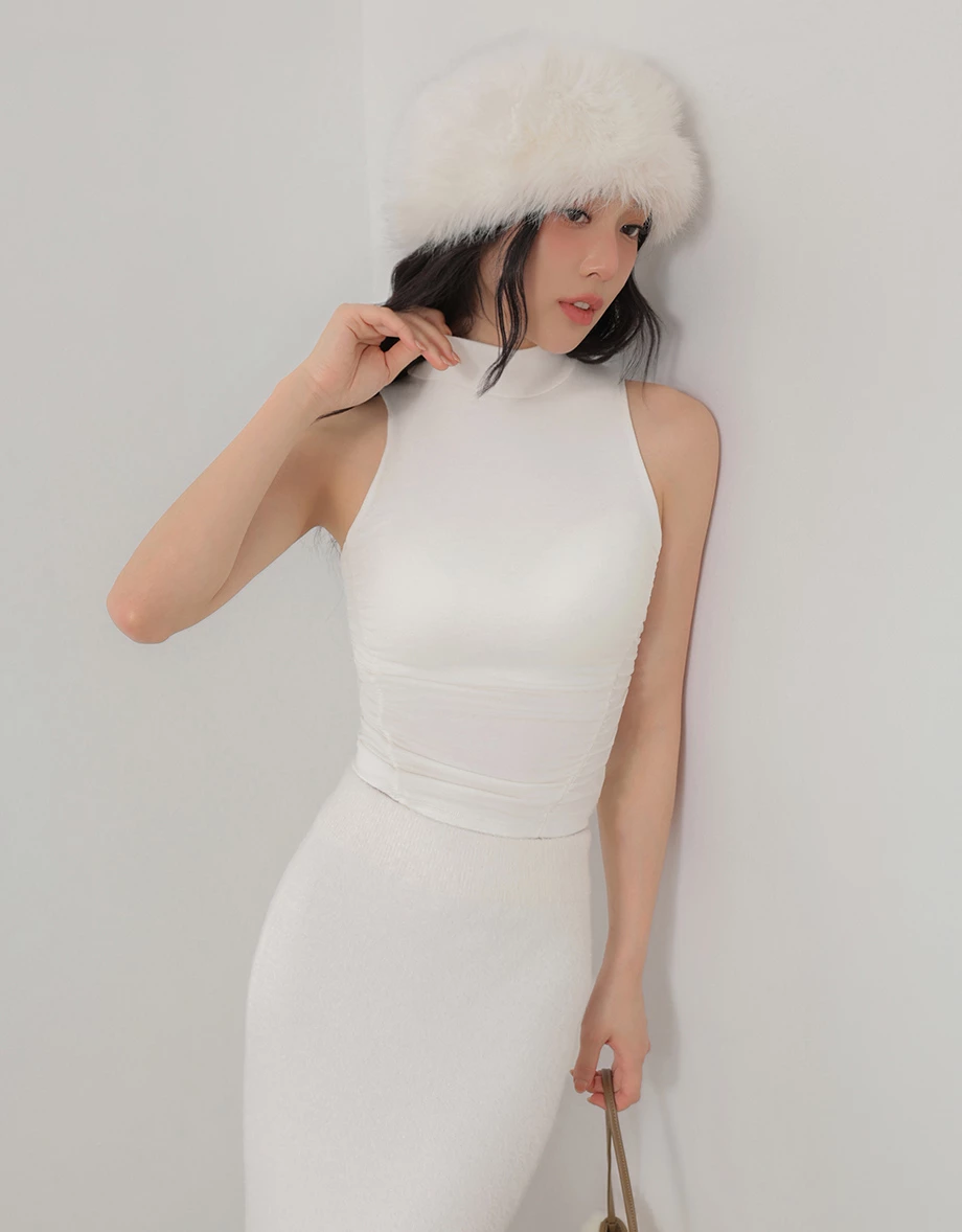 Mock Neck Side Ruched Back Cutout Sleeveless Padded Bra Top