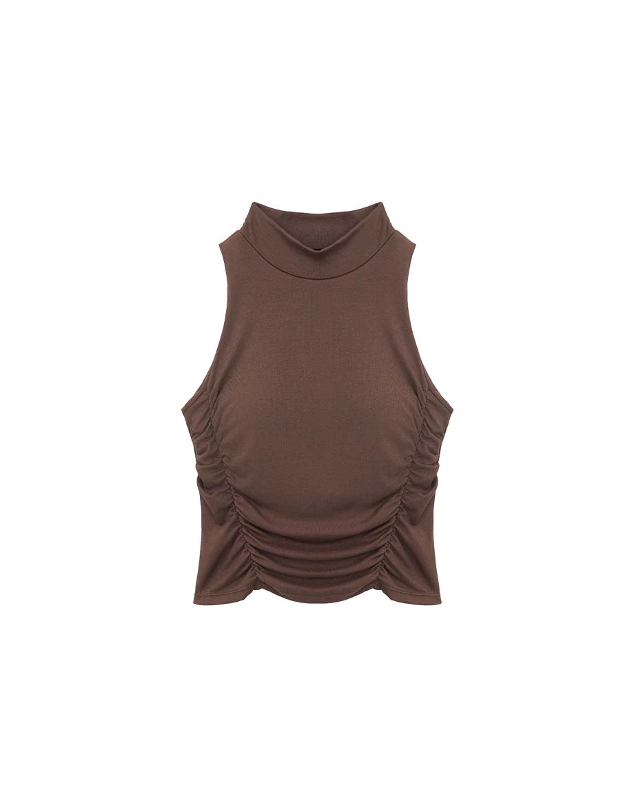 Mock Neck Side Ruched Back Cutout Sleeveless Padded Bra Top