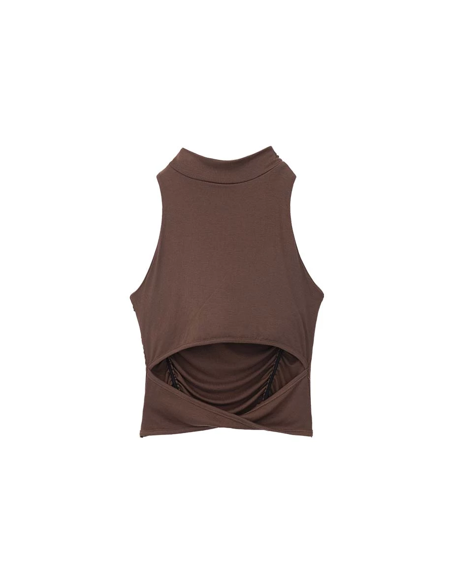 Mock Neck Side Ruched Back Cutout Sleeveless Padded Bra Top Mock Neck Side Ruched Back Cutout Sleeveless Padded Bra Top