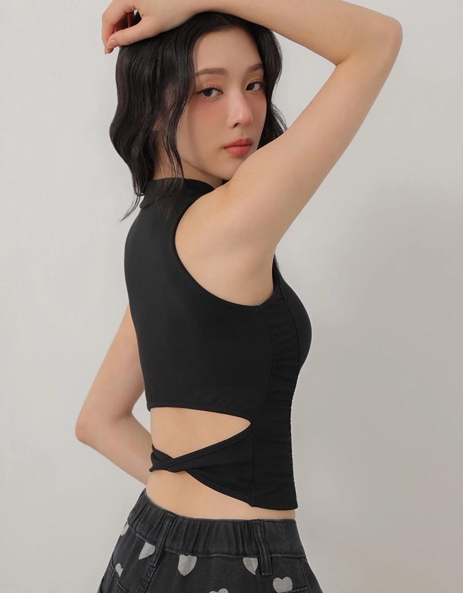 Mock Neck Side Ruched Back Cutout Sleeveless Padded Bra Top
