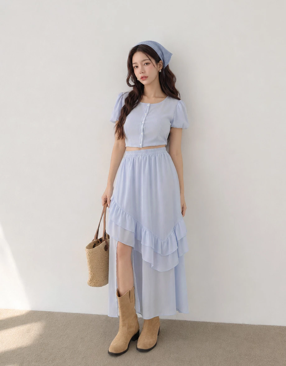 Elastic Waistband Asymmetric Tiered Ruffled Side Slit Maxi Skirt Elastic Waistband Asymmetric Tiered Ruffled Side Slit Maxi Skirt