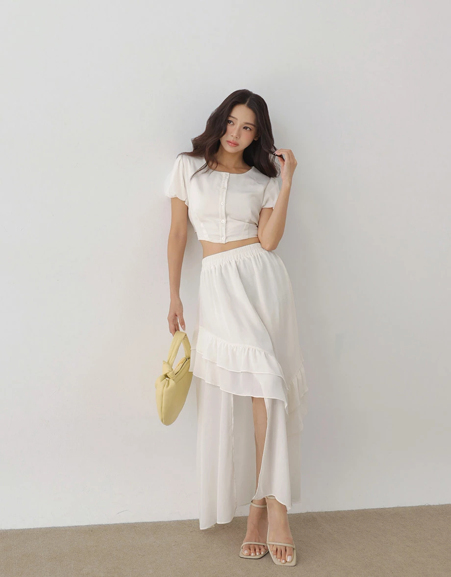Elastic Waistband Asymmetric Tiered Ruffled Side Slit Maxi Skirt Elastic Waistband Asymmetric Tiered Ruffled Side Slit Maxi Skirt