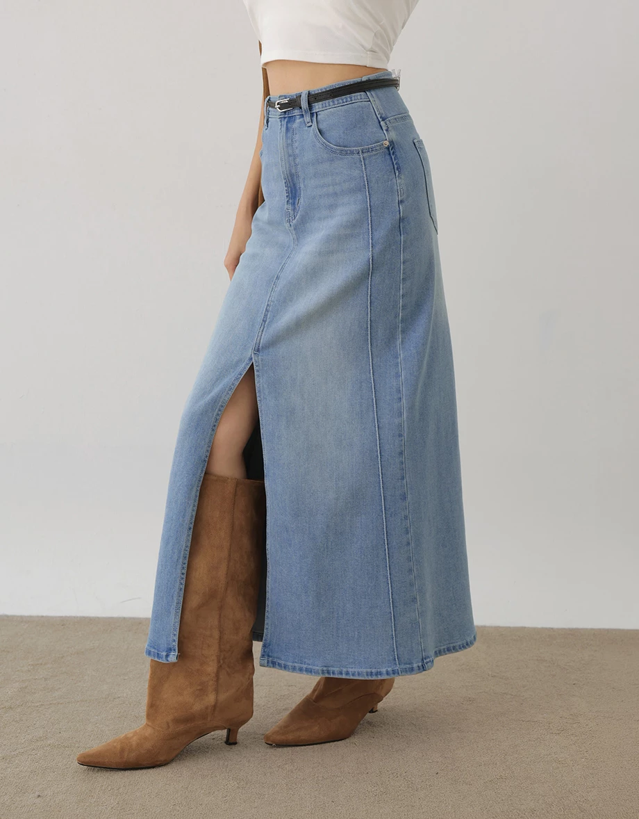 【Den!m LITE】High Waist Front Slit Jeans Denim Maxi Skirt 【Den!m LITE】High Waist Front Slit Jeans Denim Maxi Skirt