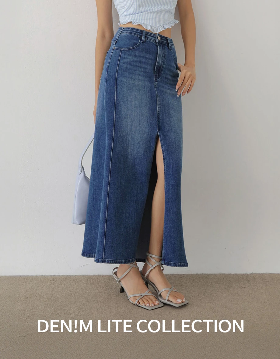 【Den!m LITE】High Waist Front Slit Jeans Denim Maxi Skirt