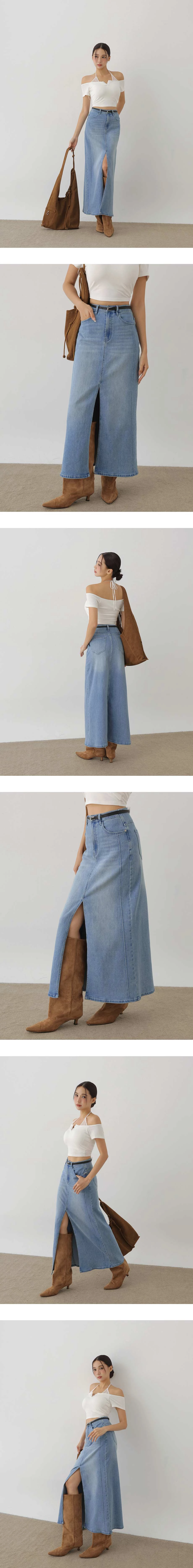【Den!m LITE】High Waist Front Slit Jeans Denim Maxi Skirt 【Den!m LITE】High Waist Front Slit Jeans Denim Maxi Skirt
