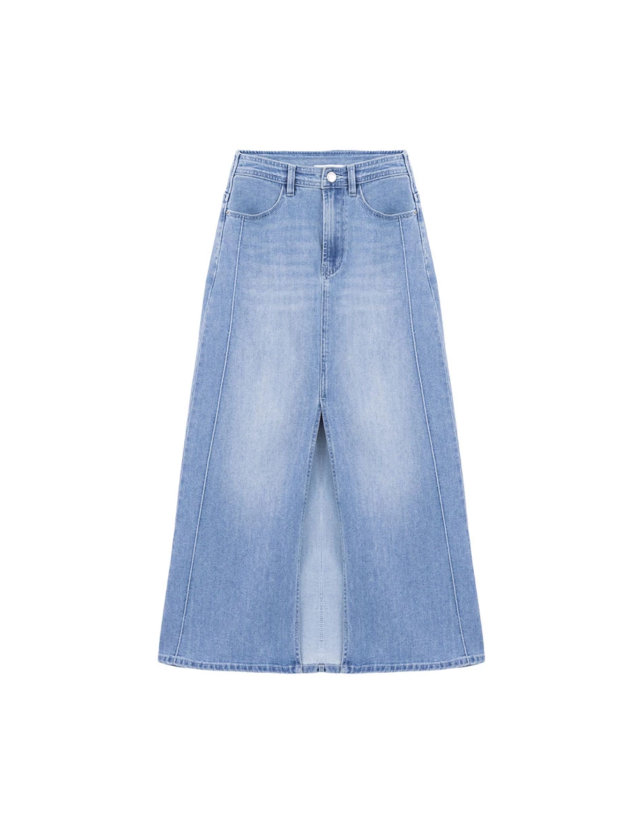【Den!m LITE】High Waist Front Slit Jeans Denim Maxi Skirt
