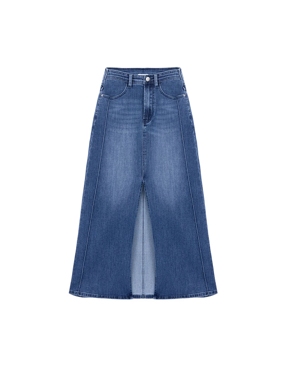 【Den!m LITE】High Waist Front Slit Jeans Denim Maxi Skirt