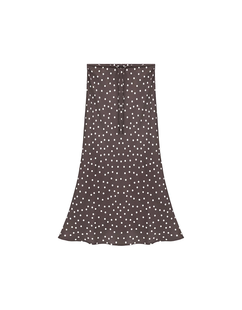 Satin Polka Dot Drawstring Tie Flared Maxi Skirt