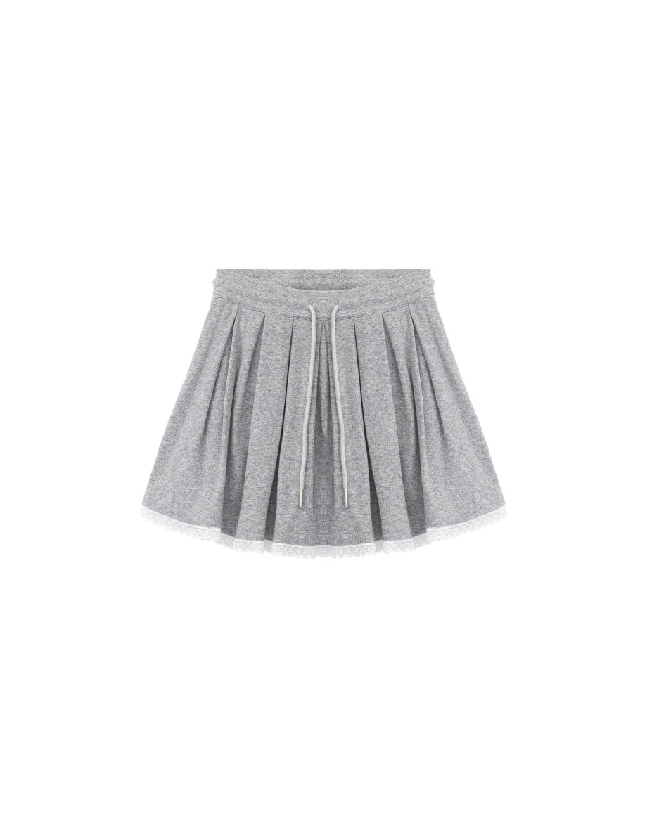 Lace Trim Drawstring Elastic Wais Pleated Mini Skirt