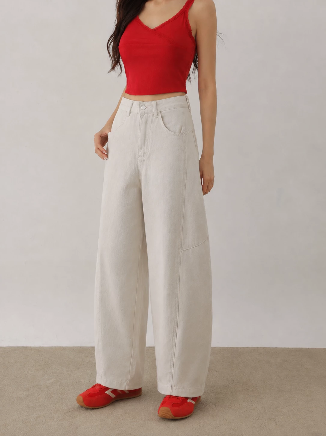 High Waist Vintag Wash Barrel Leg Jeans Denim Pants（Cropped Length）