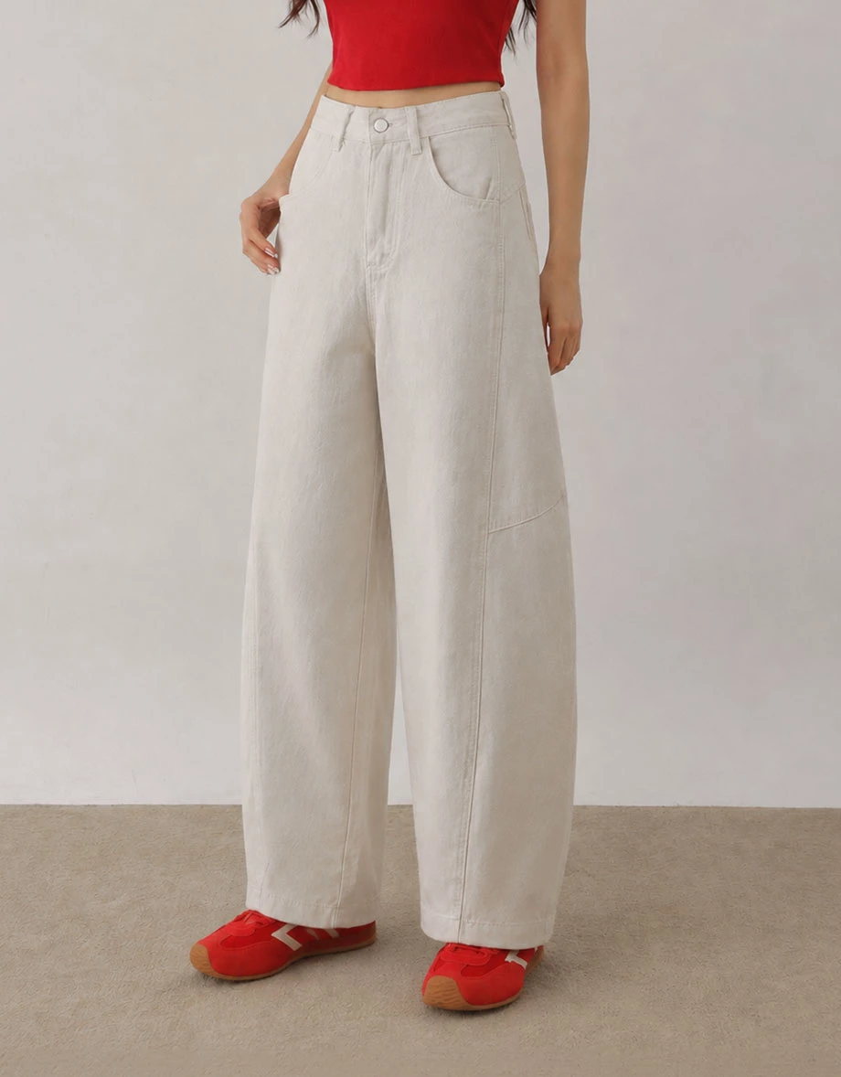 High Waist Vintag Wash Barrel Leg Jeans Denim Pants（Cropped Length）