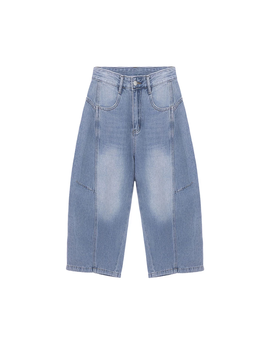 High Waist Vintag Wash Barrel Leg Jeans Denim Pants（Cropped Length）