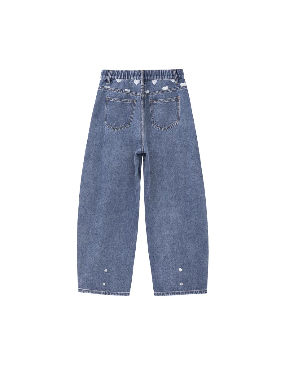 Heart Print Back Elastic Waist Wide Leg Jeans Denim Pants (Adjustable Length) Heart Print Back Elastic Waist Wide Leg Jeans Denim Pants (Adjustable Length)