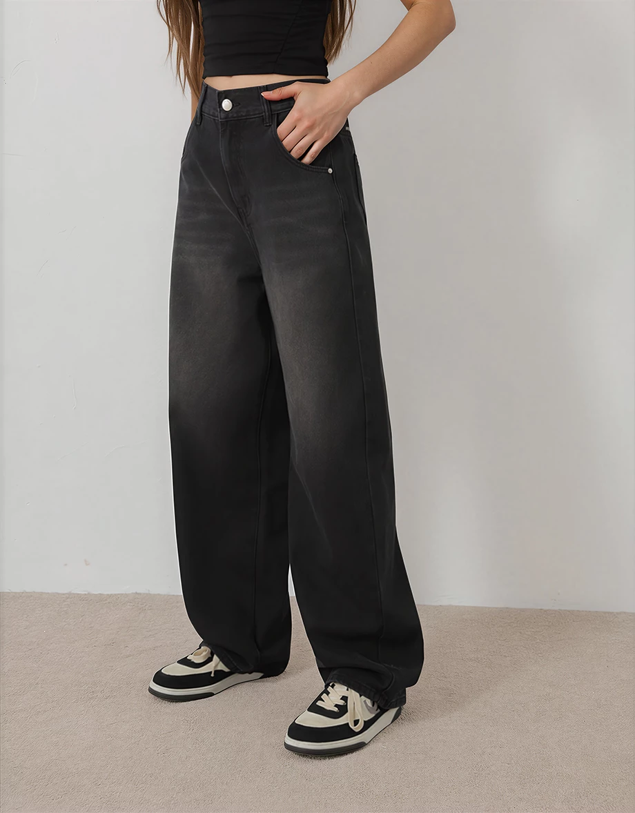Heart Print Back Elastic Waist Wide Leg Jeans Denim Pants (Adjustable Length)