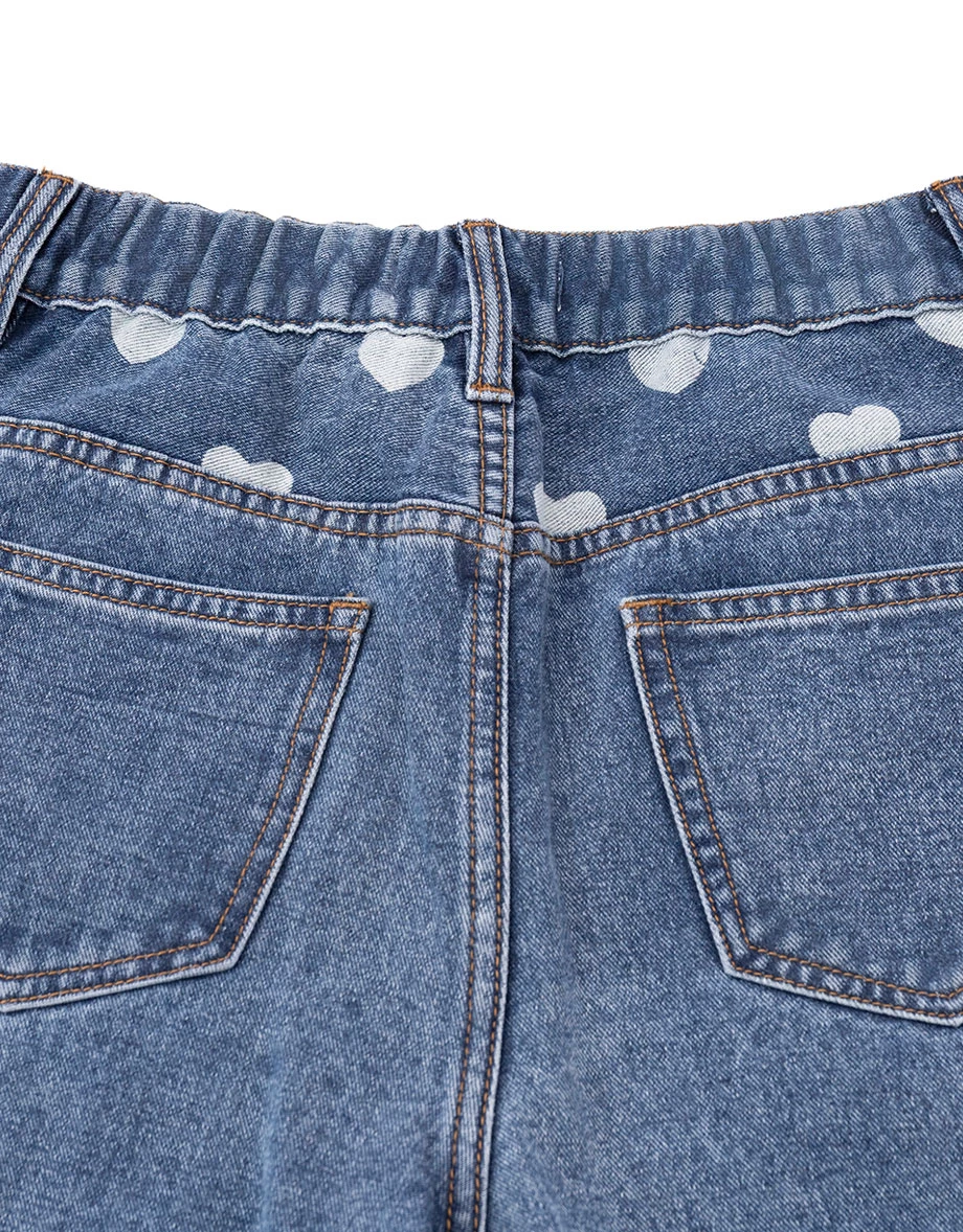 Heart Print Back Elastic Waist Wide Leg Jeans Denim Pants (Adjustable Length) Heart Print Back Elastic Waist Wide Leg Jeans Denim Pants (Adjustable Length)