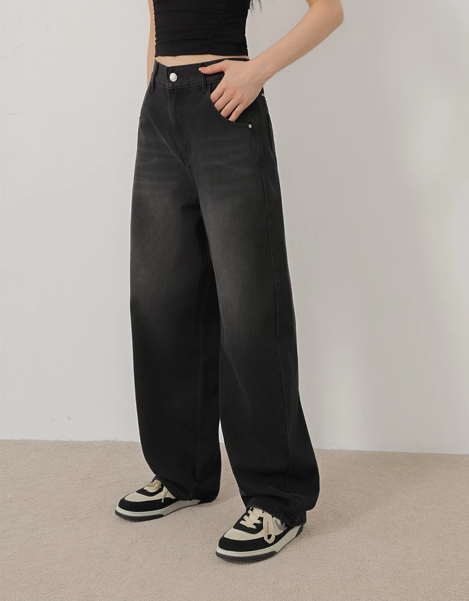 Heart Print Back Elastic Waist Wide Leg Jeans Denim Pants (Adjustable Length)