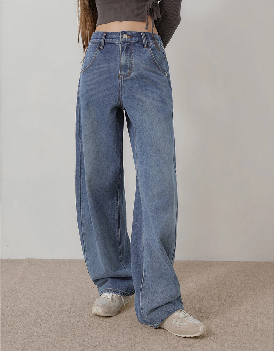 Heart Print Back Elastic Waist Wide Leg Jeans Denim Pants (Adjustable Length)