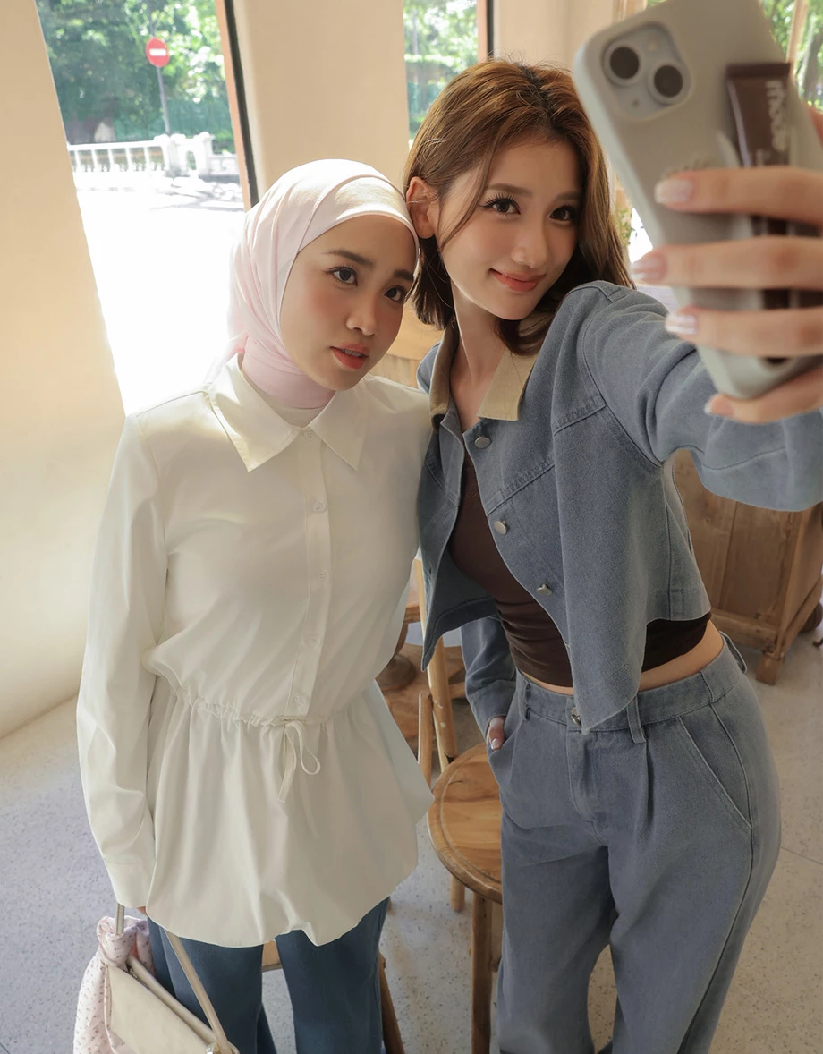 【SABRINA Design】Collared Bubble Hem Drawstring Waistband Mini Shirt Dress