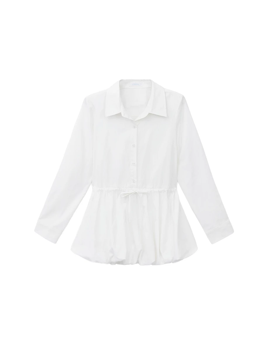 【SABRINA Design】Collared Bubble Hem Drawstring Waistband Mini Shirt Dress