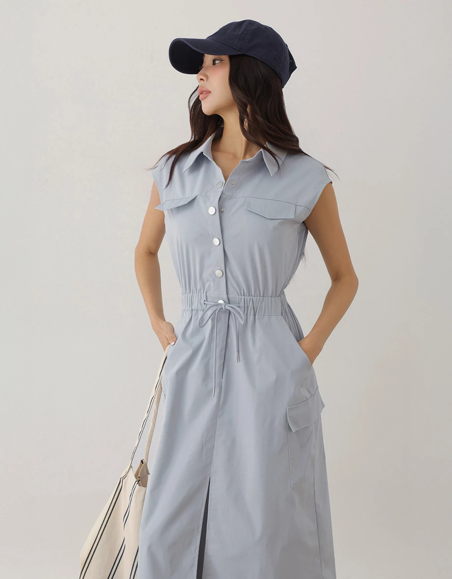 Snap Button Sleeveless Cargo Utility Maxi Shirt Dress Snap Button Sleeveless Cargo Utility Maxi Shirt Dress