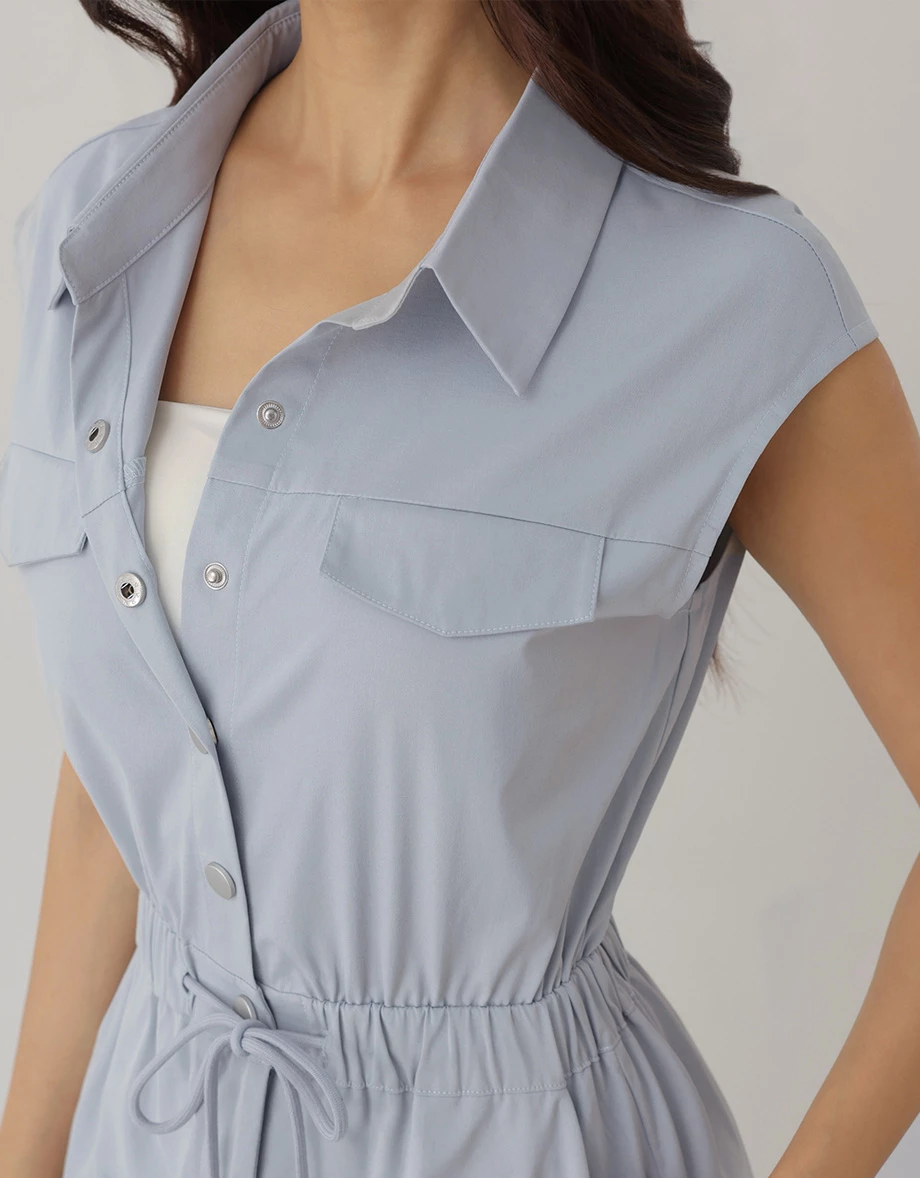 Snap Button Sleeveless Cargo Utility Maxi Shirt Dress Snap Button Sleeveless Cargo Utility Maxi Shirt Dress