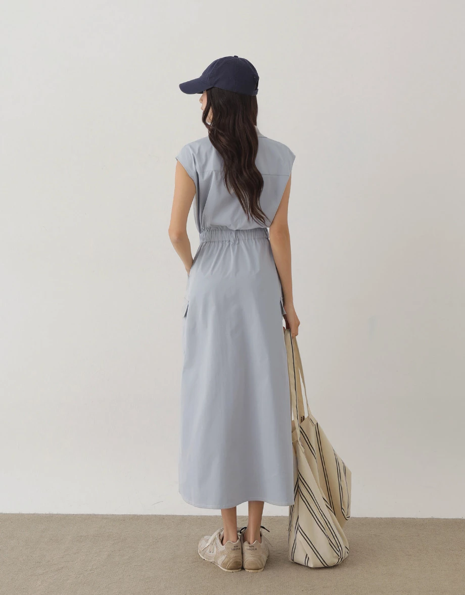 Snap Button Sleeveless Cargo Utility Maxi Shirt Dress Snap Button Sleeveless Cargo Utility Maxi Shirt Dress