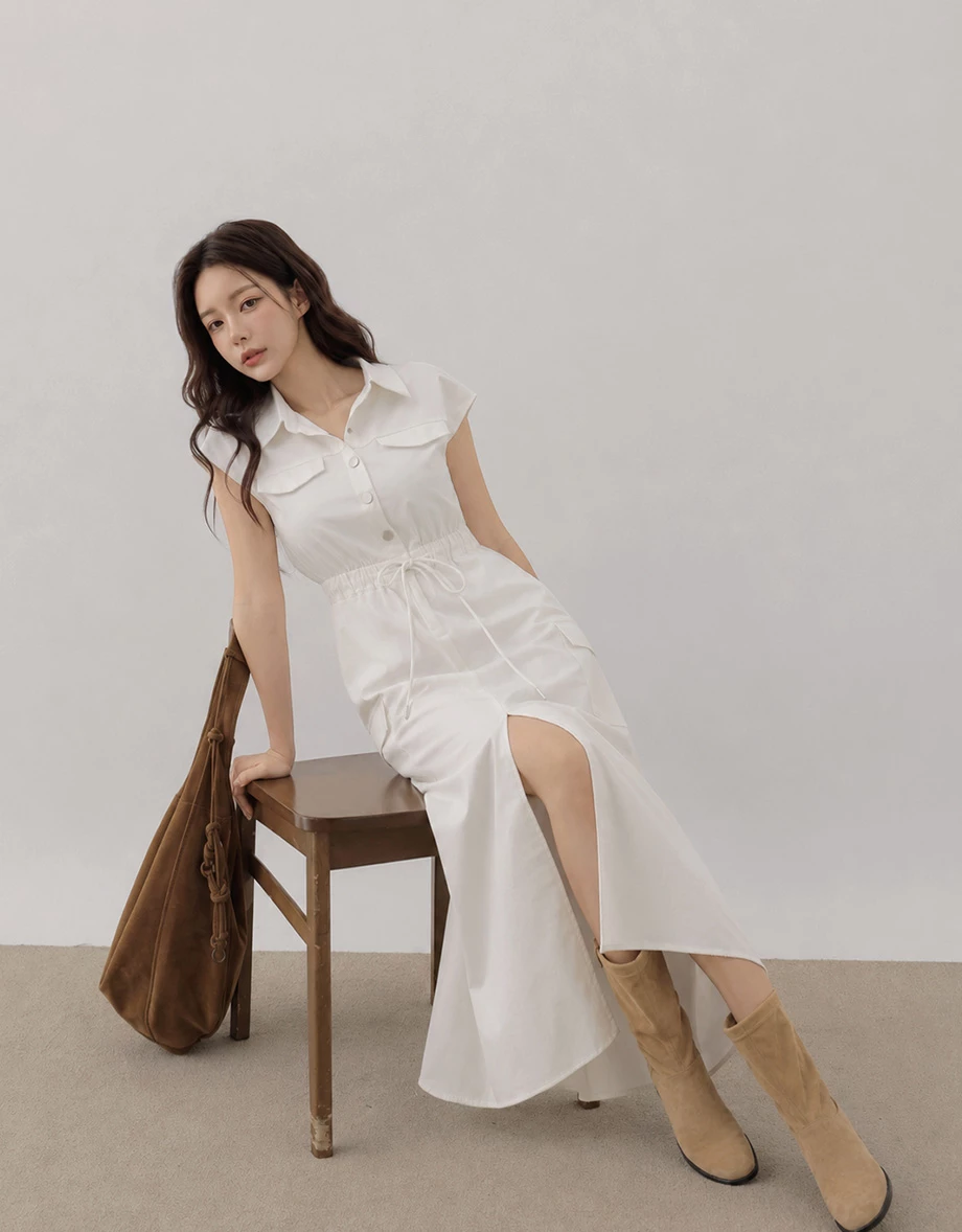 Snap Button Sleeveless Cargo Utility Maxi Shirt Dress Snap Button Sleeveless Cargo Utility Maxi Shirt Dress