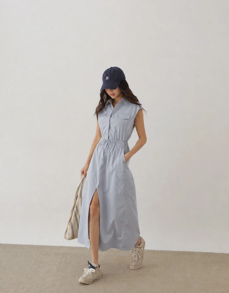 Snap Button Sleeveless Cargo Utility Maxi Shirt Dress Snap Button Sleeveless Cargo Utility Maxi Shirt Dress