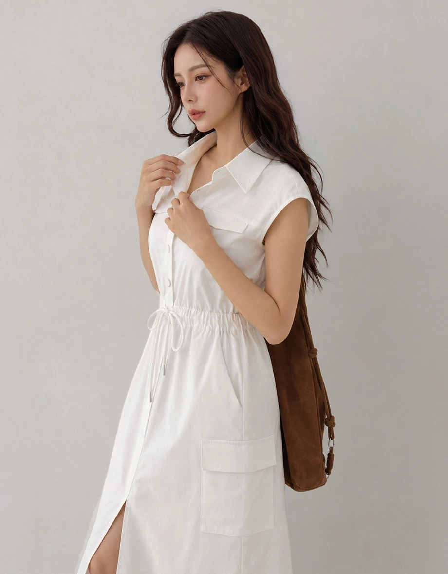 Snap Button Sleeveless Cargo Utility Maxi Shirt Dress Snap Button Sleeveless Cargo Utility Maxi Shirt Dress