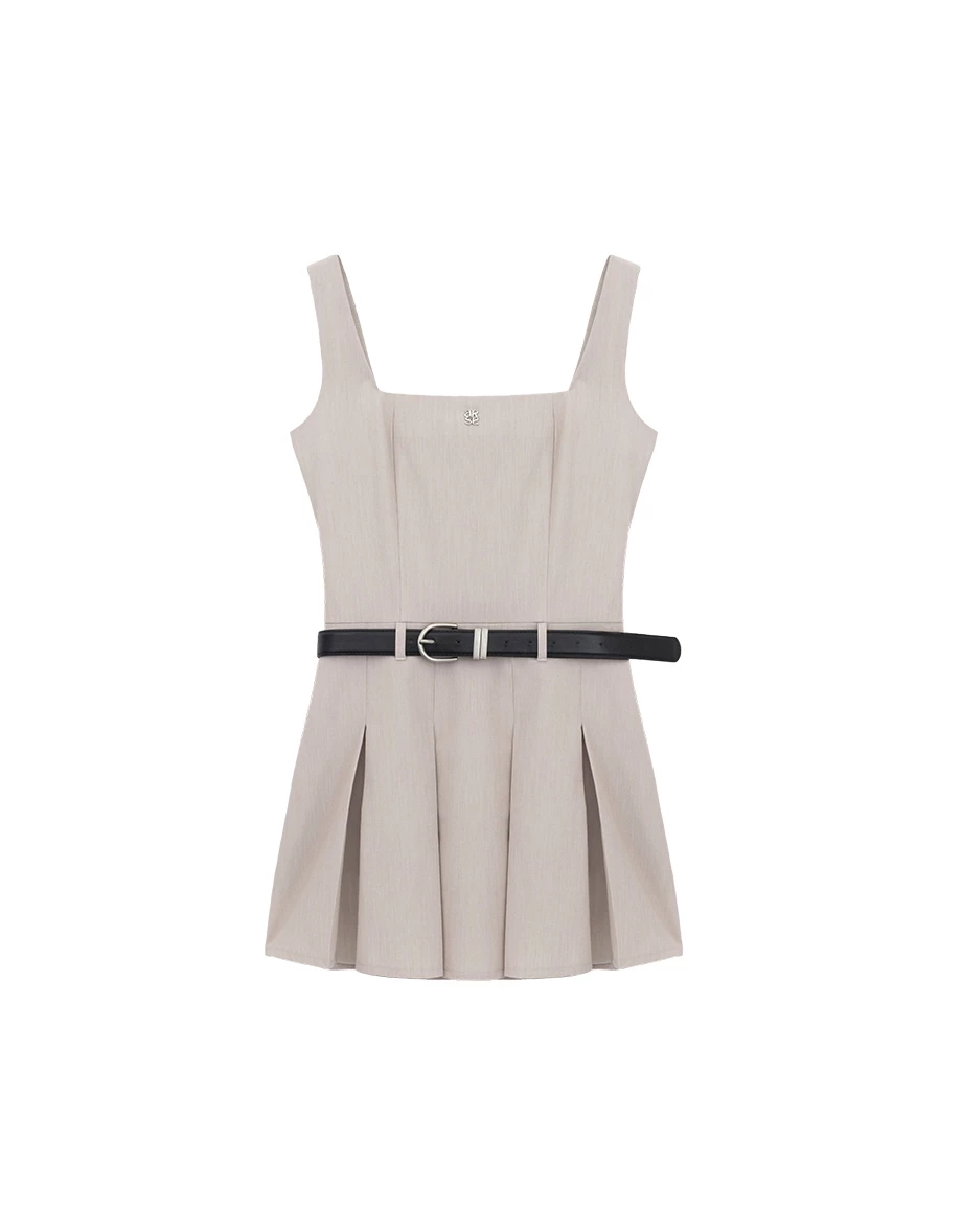 AIR SPACE Metallic Logo Square Neck Pleated Mini Dress（with Belt）