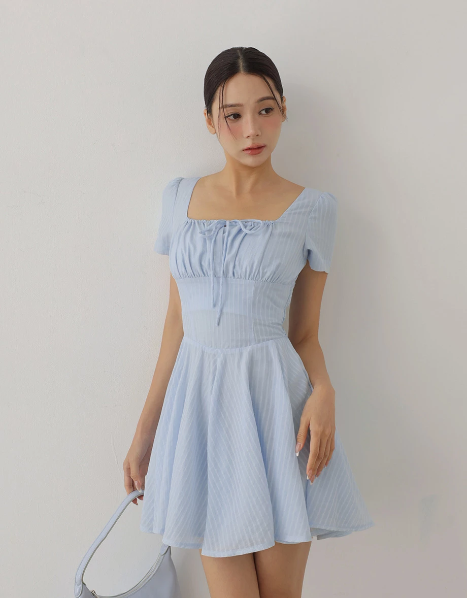 Tie Front Gathered Square Neck Striped Padded Mini Dress Tie Front Gathered Square Neck Striped Padded Mini Dress