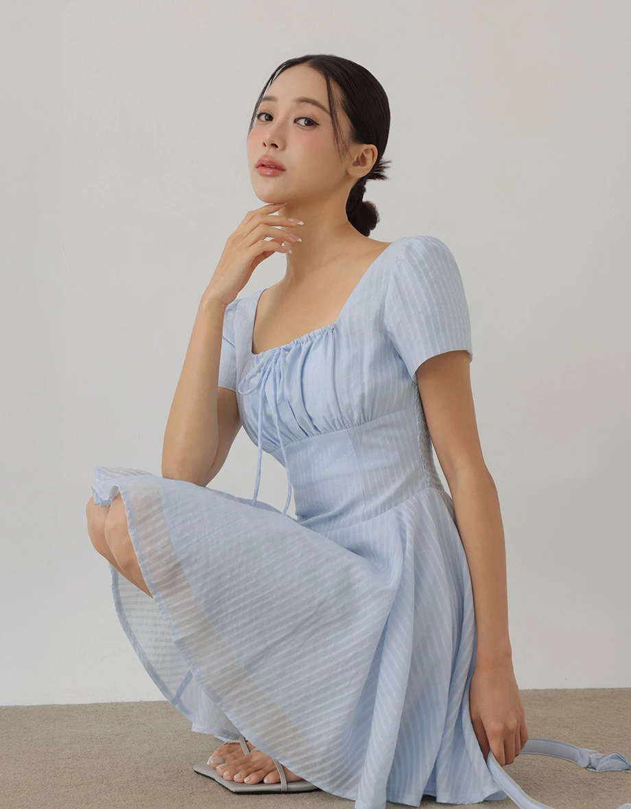 Tie Front Gathered Square Neck Striped Padded Mini Dress Tie Front Gathered Square Neck Striped Padded Mini Dress