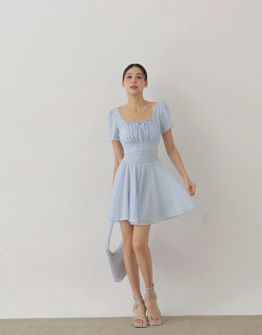 Tie Front Gathered Square Neck Striped Padded Mini Dress Tie Front Gathered Square Neck Striped Padded Mini Dress