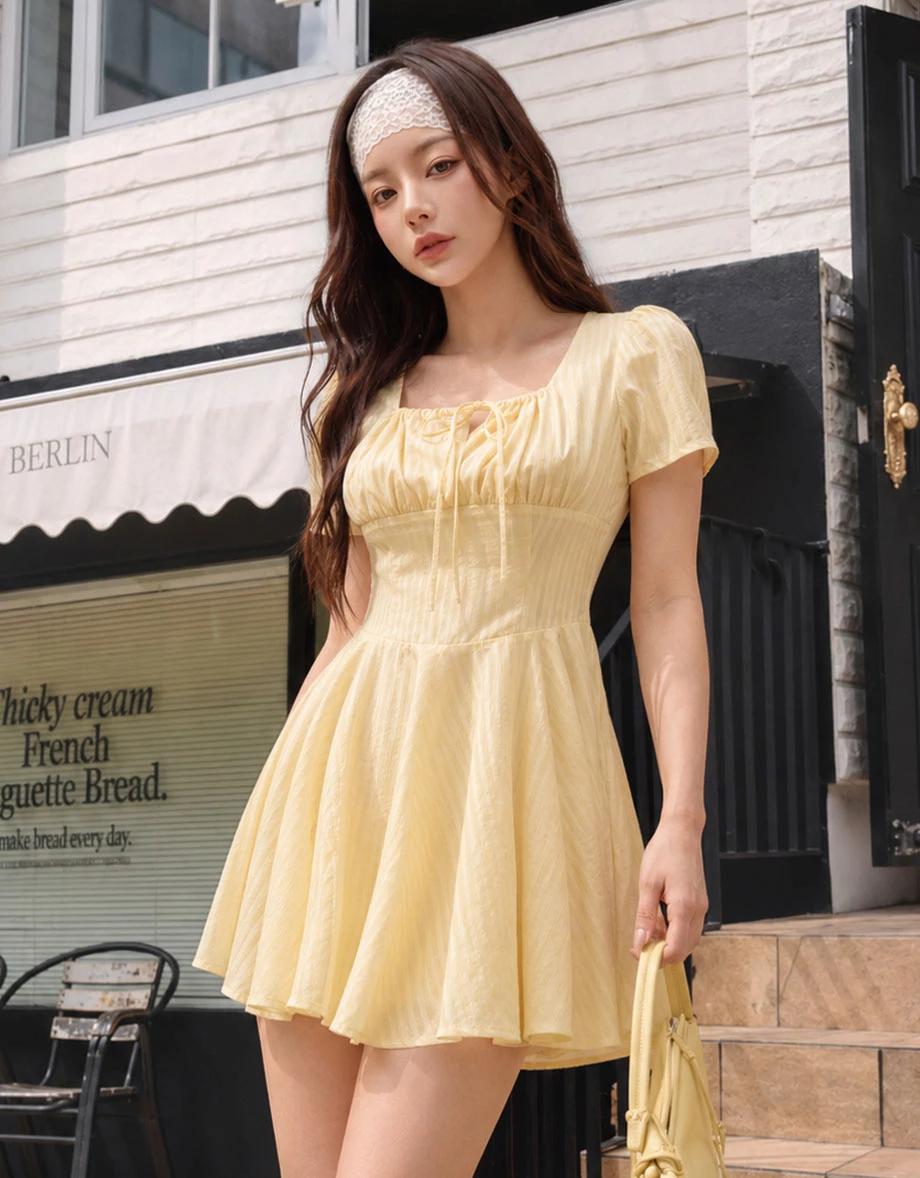Tie Front Gathered Square Neck Striped Padded Mini Dress Tie Front Gathered Square Neck Striped Padded Mini Dress